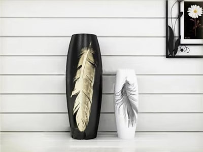 Decorative Black And White Vases With Feather Design On White Striped Wall Flowers 3d model