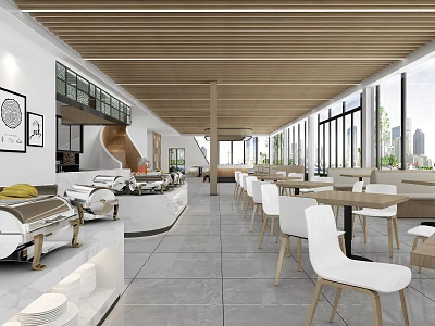 Modern Restaurant With Wooden Ceiling Large Windows City View White Chairs Light Tables Buffet Counter 3d model