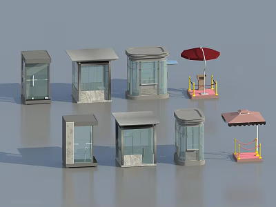 Different Styles Of Security Booths And Umbrella Canopied Structures With Glass Panels 3d model