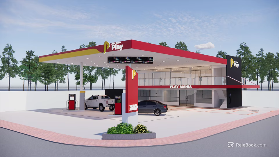 Play Brand Gas Station With Red Yellow Canopy Fuel Pumps And Convenience Store 3d model 