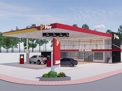 Play Brand Gas Station With Red Yellow Canopy Fuel Pumps And Convenience Store 3d model