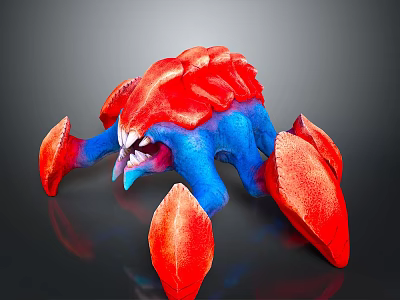 Vibrant Red Blue Fantasy Character Creature With Spiked Body And Clawed Appendages 3d model