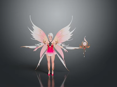 Woman With Pink And White Wings In Pink Dress Holding Decorated Staff And Red Heels 3d model