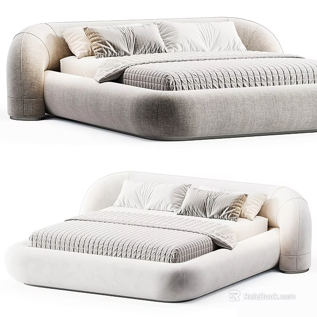 Modern Upholstered Double Bed With Rounded Frame And Striped Bedding Pillows 3d model 