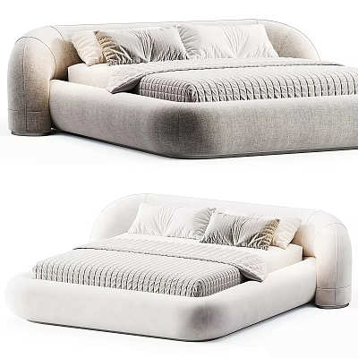 Modern Upholstered Double Bed With Rounded Frame And Striped Bedding Pillows 3d model