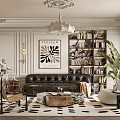 Stylish Living Room With Leather Sofa Coffee Table Patterned Rug Bookshelf Chandelier And Art Print
