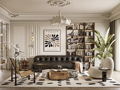 Stylish Living Room With Leather Sofa Coffee Table Patterned Rug Bookshelf Chandelier And Art Print 3d model