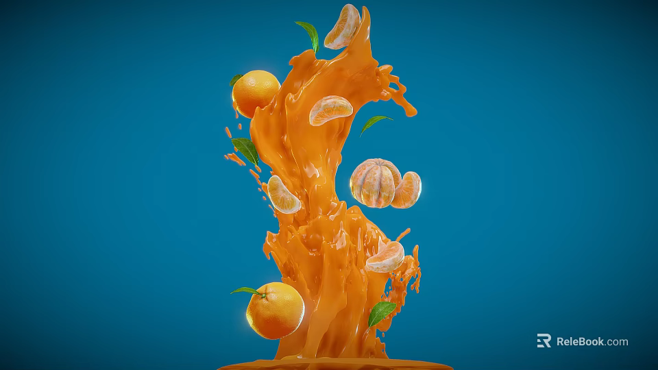 Fresh Orange Juice Splash With Whole Oranges Slices And Green Leaves On Blue Background 3d model 