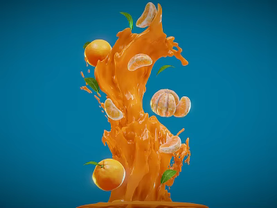 Fresh Orange Juice Splash With Whole Oranges Slices And Green Leaves On Blue Background 3d model