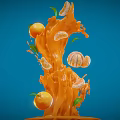 Fresh Orange Juice Splash With Whole Oranges Slices And Green Leaves On Blue Background