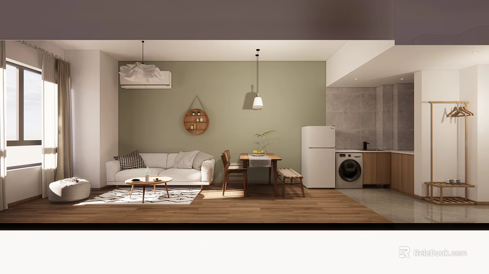 Modern Apartment Interior Design With Light Green Walls Wooden Floor And White Sofa 3d model 
