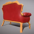Classic Red Leather Single Sofa With Carved Wooden Arms And Tufted Seat