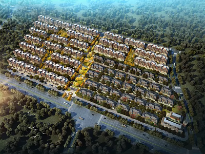 Aerial View Planning of Residential Housing Complex With Neat Building Layout And Surrounding Greenery 3d model
