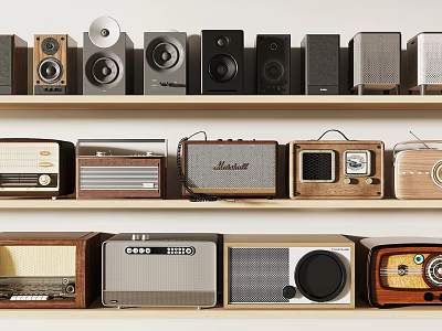 Home Audio Speaker Collection With Retro And Modern Designs On Wooden Shelves 3d model