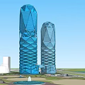 Modern Office Building With Two Blue Towers And Landscaped Surroundings