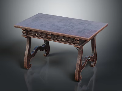 Traditional Wooden Table With Dark Brown Surface And Carved Legs Two Drawers 3d model