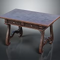 Traditional Wooden Table With Dark Brown Surface And Carved Legs Two Drawers