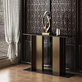 Elegant Entryway Console Table With Black Top Golden Sculpture And Dark Patterned Wall 3d model