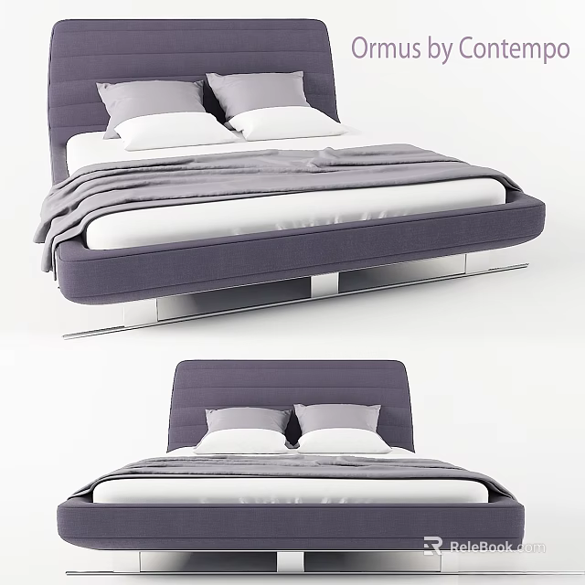 Modern Double Bed With Purple Headboard White Pillows And Gray Bedspread 3d model