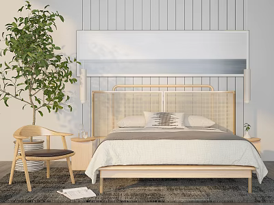 Modern Minimalist Double Bed With Wooden Rattan Headboard Light Bedding And Green Plant 3d model