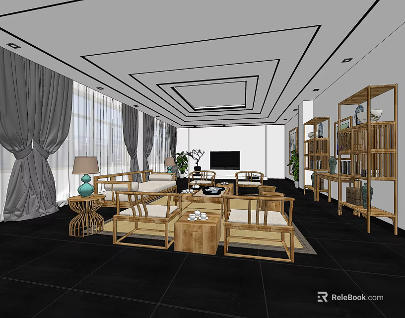 Modern Office Interior With Sofa Coffee Table Bookshelf Plants And Large Windows 3d model 