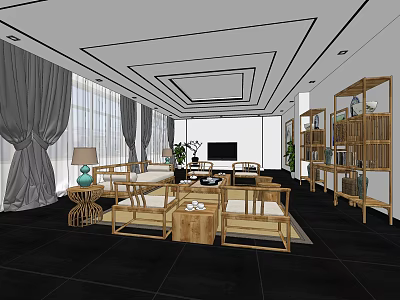 Modern Office Interior With Sofa Coffee Table Bookshelf Plants And Large Windows 3d model