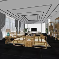 Modern Office Interior With Sofa Coffee Table Bookshelf Plants And Large Windows