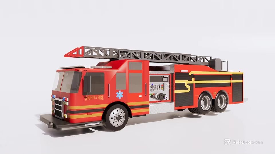 Functional Fire Rescue Vehicle With Red Ladder And Emergency Equipment 3d model 
