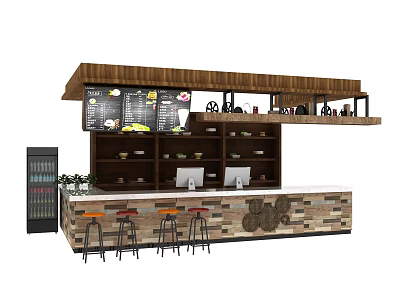 Rustic Bar Counter With Wooden Bar Stools Menu Boards Shelves Bowls And Beverage Fridge 3d model