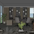 Modern Office Interior With Bookshelves Trophies Desk Chairs Sofa Marble Coffee Table And Green Plants