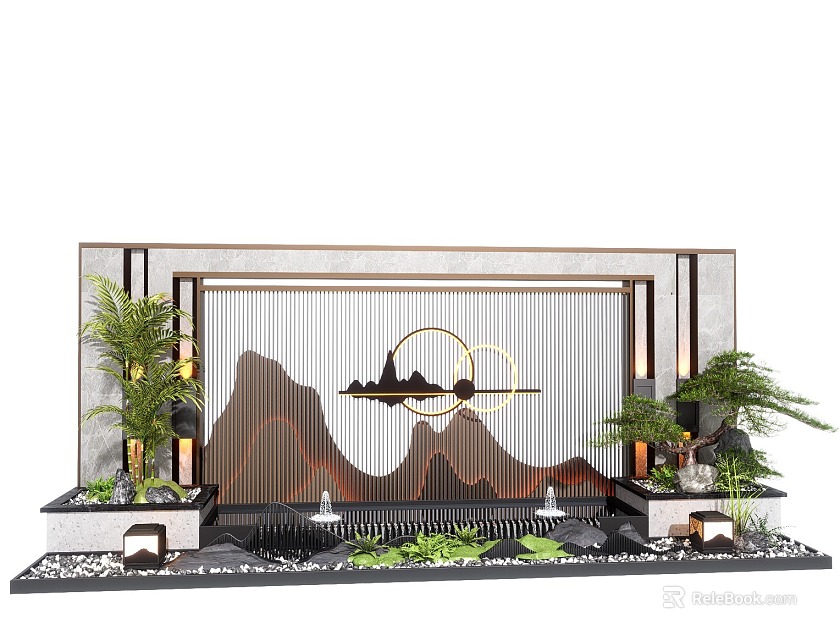 Modern Chinese Feature Wall Design With Mountain Pattern Circular Decoration Green Plants And Water Feature 3d model 
