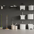 Organized Bathroom Cleaning Tools Display With Wall Mounted White Basins And Mops 3d model