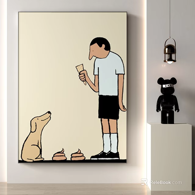 Wall Art With Man Ice Cream Cone Dog Poop Black Bear Toy And Hanging Lamp 3d model 