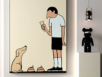 Wall Art With Man Ice Cream Cone Dog Poop Black Bear Toy And Hanging Lamp 3d model