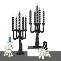 Elegant Black Candle Holders With Striped Candles And Silver Horse Figurines On White Tabletop