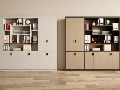 White and Wooden Storage Cabinets With Books Folders Globe on Beige Wall and Wooden Floor 3d model