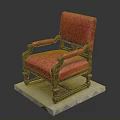 Vintage Red Patterned Upholstered Chair With Intricate Wooden Carved Frame And Armrests