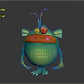 3D Green Cartoon Monster Character With Yellow Fin Ears Red Mouth Sharp Teeth And Antennae