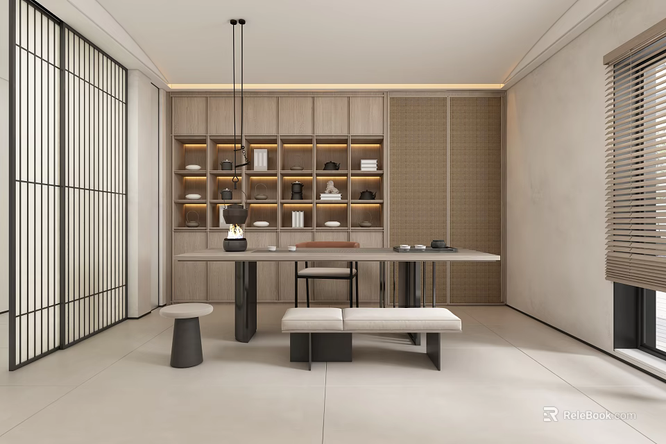Tea Room Interior Design With Wooden Shelves Tea Sets Table Bench And Grid Partition 3d model 