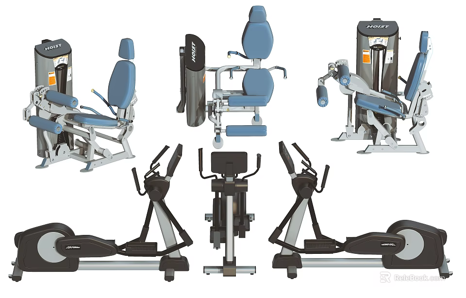 Professional Fitness Equipment with Seated Training Machines Elliptical Trainers and Blue Black Design 3d model 