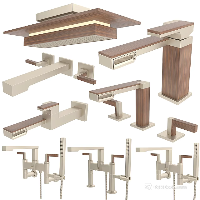 Modern Shower Faucets With Wooden Accents And Beige Metallic Handles Various Mount Designs 3d model 