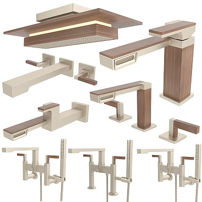 Modern Shower Faucets With Wooden Accents And Beige Metallic Handles Various Mount Designs 3d model