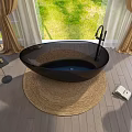 Stylish Black Bathtub On Woven Rug In Modern Bathroom