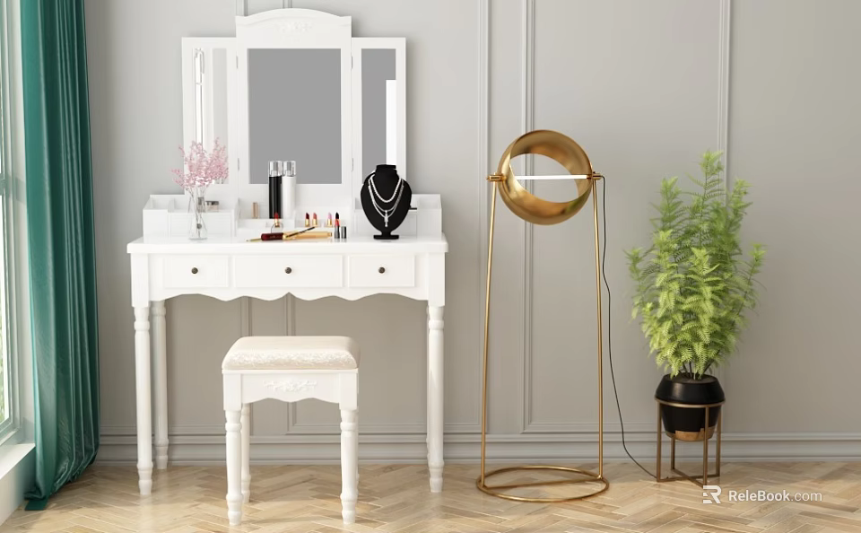 White Vanity Table with Mirror Stool Cosmetics Jewelry Gold Floor Lamp and Green Plant 3d model 