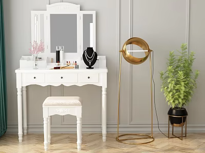 White Vanity Table with Mirror Stool Cosmetics Jewelry Gold Floor Lamp and Green Plant 3d model