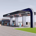 Modern Gas Station Canopy Structure With Fuel Dispensers Convenience Store And Lawn Area
