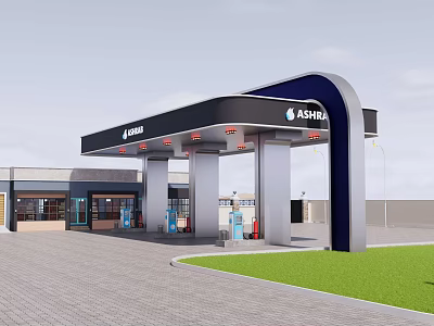 Modern Gas Station Canopy Structure With Fuel Dispensers Convenience Store And Lawn Area 3d model