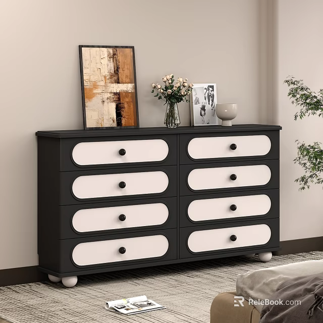 Black Dresser With White Drawers And Decorative Items On Top In Modern Living Room 3d model 