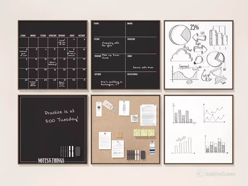 Stylish Wall Decor Hangings with Blackboard Corkboard Calendar Charts Notes and Whiteboard 3d model 