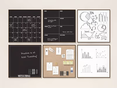 Stylish Wall Decor Hangings with Blackboard Corkboard Calendar Charts Notes and Whiteboard 3d model